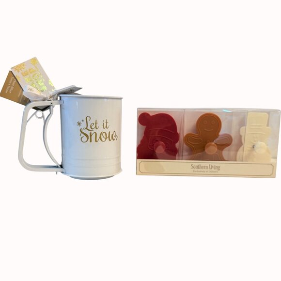 Southern Living Christmas Baking Set Cookie Stamps Flour Sifter Let It Snow - Picture 1 of 16